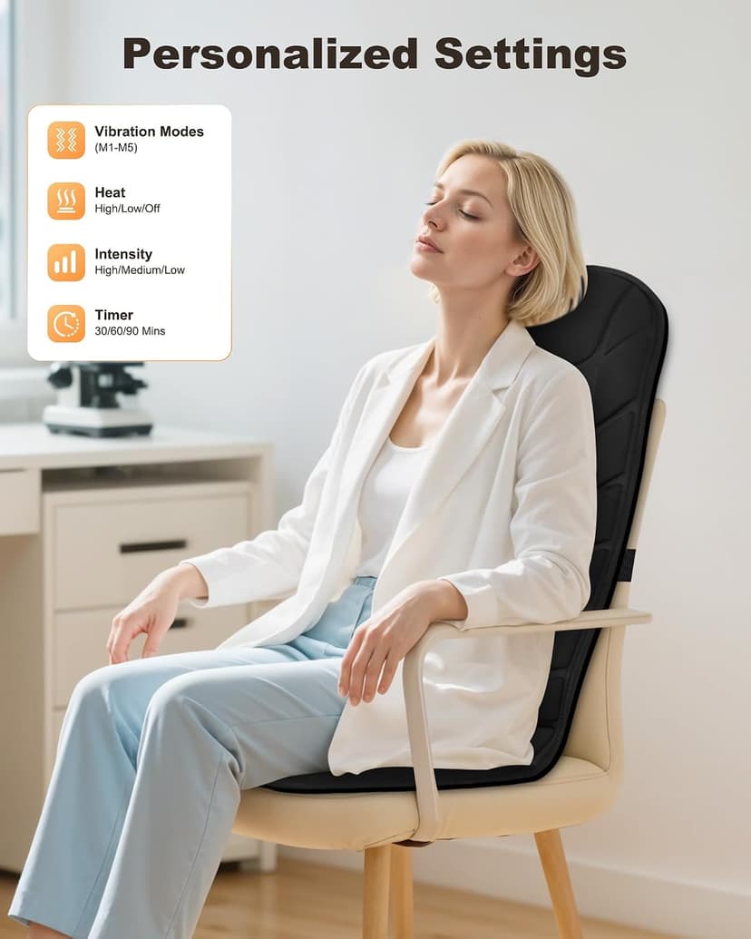 Snailax Back Massager with Heat, Massage Seat Cushion with 10 Motors, Massage Chair Pad for Home Office Use, 5 Modes & 3 Intensity Levels, 2 Heat Settings with 30-60-90 Mins Timer, Gifts for Him Her