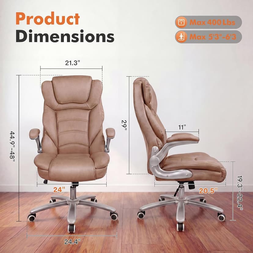 GYI Big and Tall Office Chair 400lb Wide Seat, Ergonomic High Back Leather Executive Desk Chair with Flip-up Arms, Brown