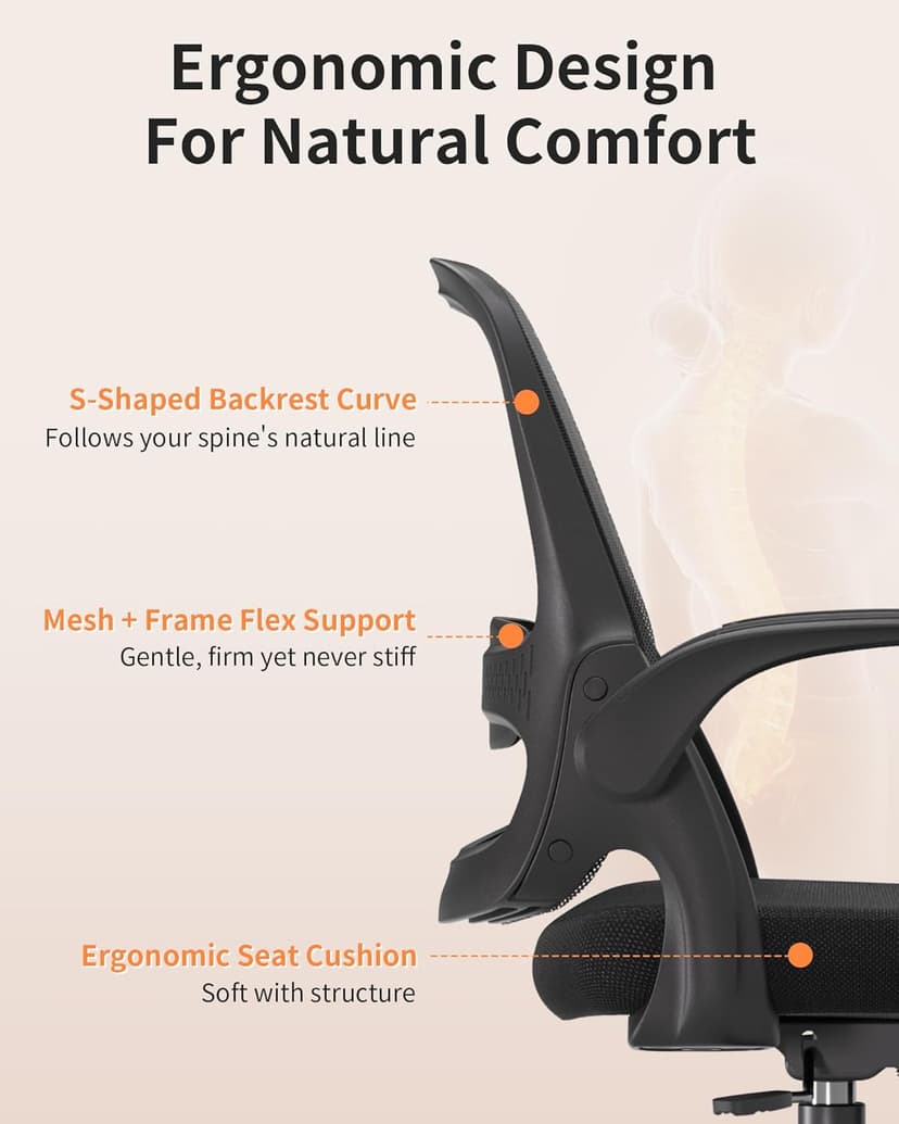 Ergonomic Mesh Office Chair with Flip-Up Arms, Adjustable Height, Breathable Mesh Back & Thick Cushion Seat, 360° Swivel Rolling Computer Desk Chair, BIFMA Certified, Supports 300 lbs (Black)