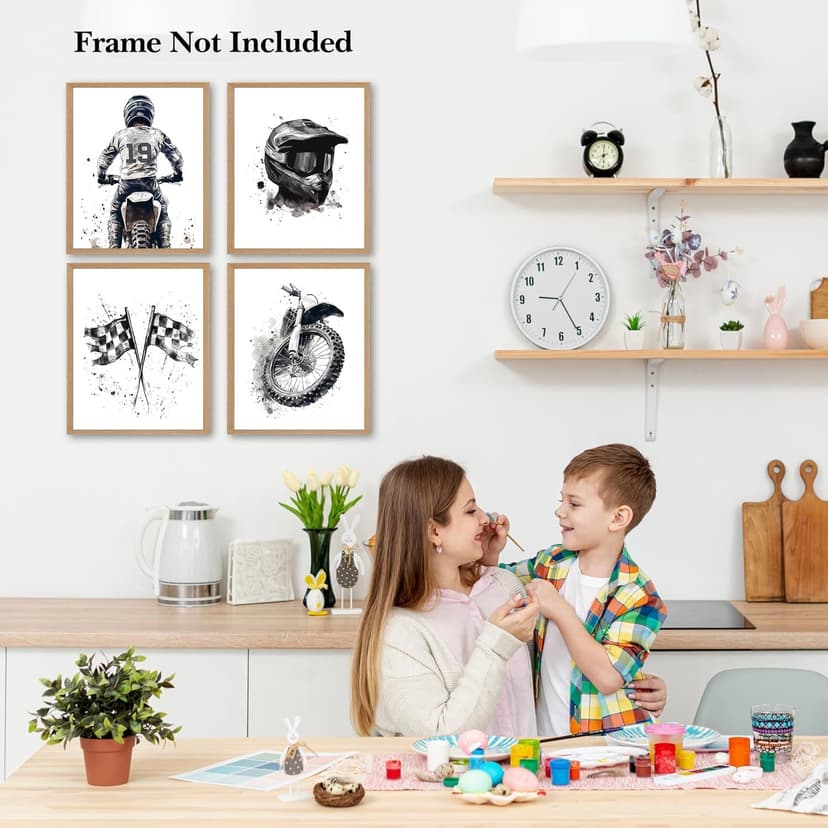 Motocross Wall Art MotoBike Art Prints Boy Room Decor Black&White Motorcycle Dirt Bike Motorcycle Helmet Canvas Pictures Artwork for Nursery Decor Kids Room Wall Decor,Set of 4(8”X10”inch,Unframed).