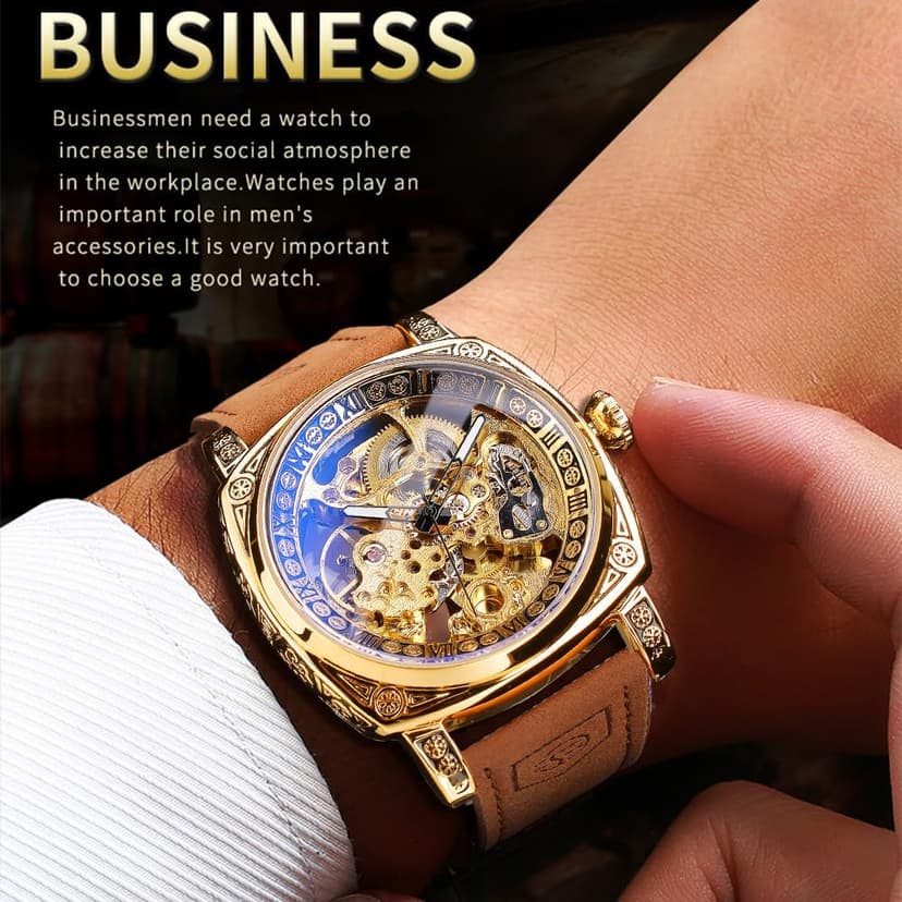 FORSINING Watches for Man, Square Retro Mechanical Watch Self-Wind Carved, Skeleton Automatic Watches Vintage Leather Strap Wristwatch