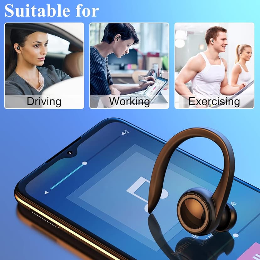 Bluetooth 5.2 Headset, Single Ear Earpiece Earphone with Mic, Hook, Noise Cancelling Headset for Business, Trucker, Driver, Wireless Bone Conduction Headphone with Ear Caps (S/M/L) for iPhone Android