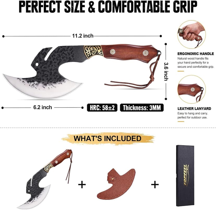 High carbon steel kitchen axe for meat cutting. Ideal for outdoor BBQ & camping. Premium birthday gift box for men & dad Topfeel Hand Forged Meat Cleaver,6.2" Viking Knife with Sheath gift for men B0FVSNSCRK