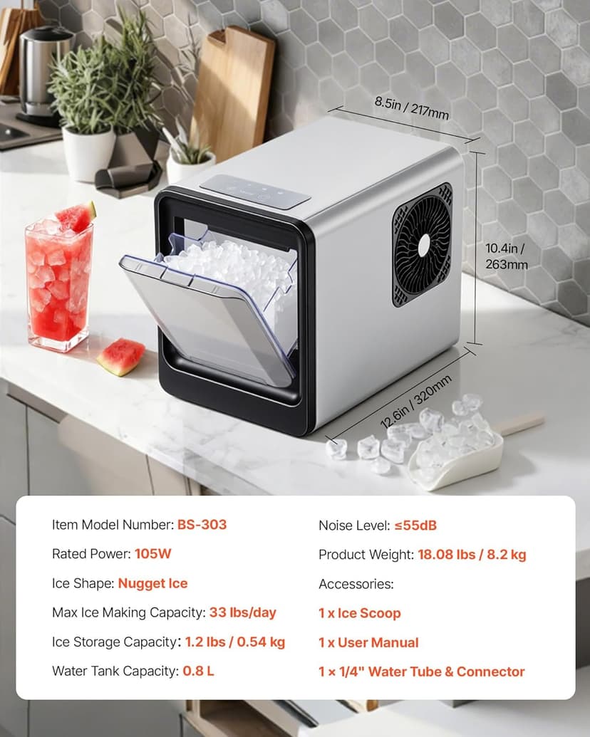 VEVOR Countertop Ice Maker, 33 lbs per Day, Self-Cleaning Portable Machine with Scoop, Drawer-Style Ice Access, Nugget Ice-Making Machine with Chewable ICES for Home, Kitchen, Office, Bar & Party
