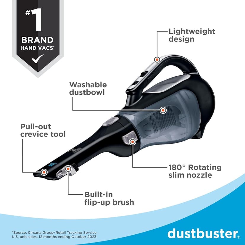 BLACK+DECKER dustbuster 20V Hand Vacuum Cordless Rechargeable, Car Vacuum Portable, Powerful Suction AdvancedClean Hand Vac with Extendible Crevice Tool, Flip-Up Brush and Charging Base (BDH2000L)