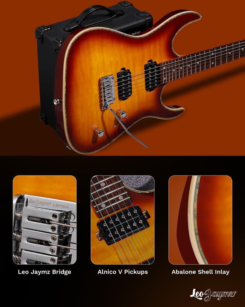 Leo Jaymz Hurricane Series Electric Guitar,Double Cut Arched Top Mahogany Body,Reverse Headstock,Roasted Maple Neck,Rosewood Fretboard,Alnico V Pickups,Locking Tuners,Tremolo Bridge (Sunburst)