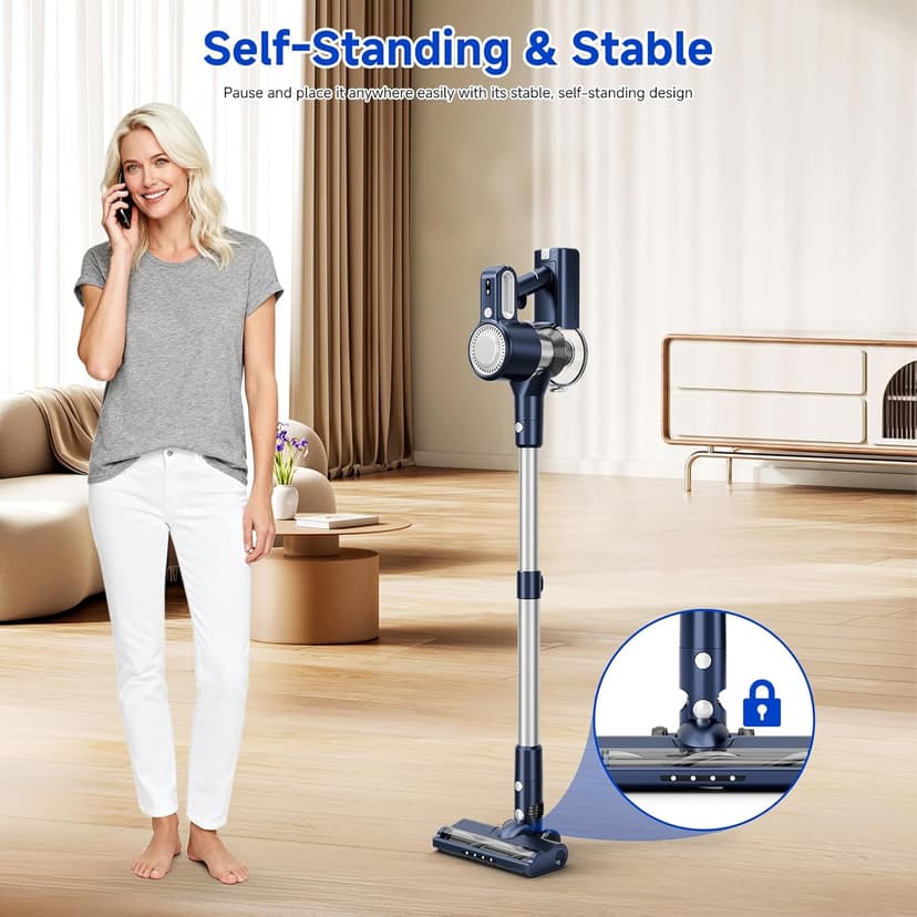 Cordless Vacuum Cleaner, Powerful Suction Vacuum Cleaners for Home, Anti-Tangle Pet Hair Brush, Lightweight, Self-Standing, Green LED Headlight, 6-in-1 Stick Vacuum for Carpet Hardwood Floor-Dark Blue