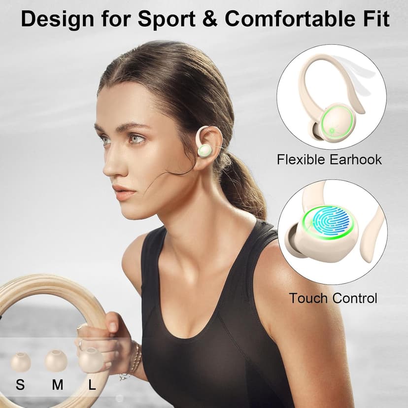 Matast Wireless Earbuds, Bluetooth Headphones Sports, Bass Fitness Earphones Gym Running, IP7 Waterproof Headset with Earhook Workout, Playback Over-Ear Buds with ENC Noise Cancelling Mic