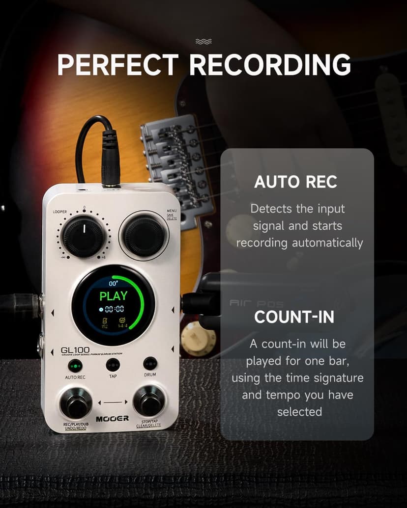 MOOER GL100 Looper Pedal Drum Machine, 2 in 1 Drum Looper Guitar Pedal 1.3-inch Touchsreen 100 Slots with 300 Minutes in Total Auto-record Time Stretch Function Dedicated Editor Software