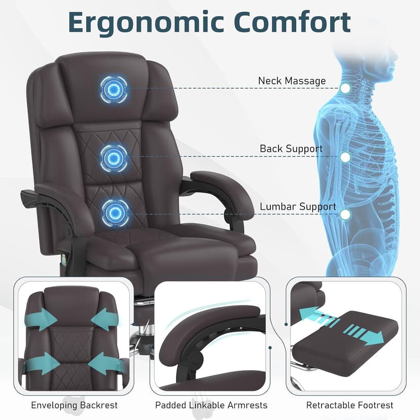 HOMREST 6-Point Massage Office Chair with Heat, Ergonomic Reclining Desk Chair with Footrest, PU Leather Executive Chairs for Home Office, Massaging Computer Chair Gift for Men, Brown