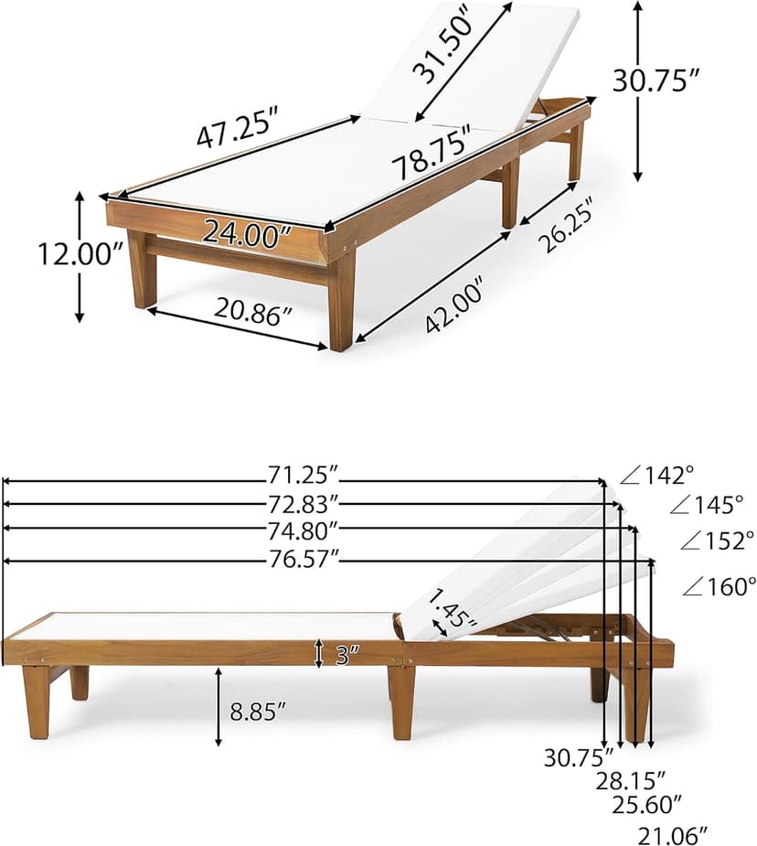 Christopher Knight Home Dina Set of 2 Chaise Lounge Chair Outdoor, Acacia Wood Frame Sunbathing Pool Lounger, Adjustable Backrest Patio Lounge Chaise for Poolside/Garden/Backyard, Teak + White