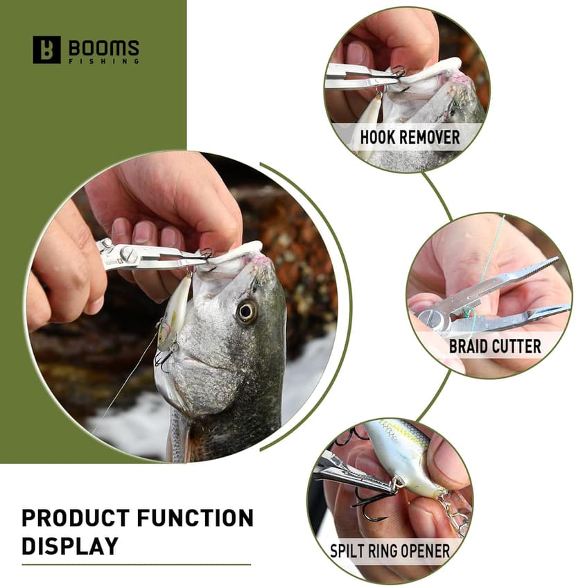 Booms Fishing H01 Small Fishing Pliers Scissors Braid Cutters Lightweight Stainless Steel Fishing Tools Split Ring Pliers Hook Remover, Green