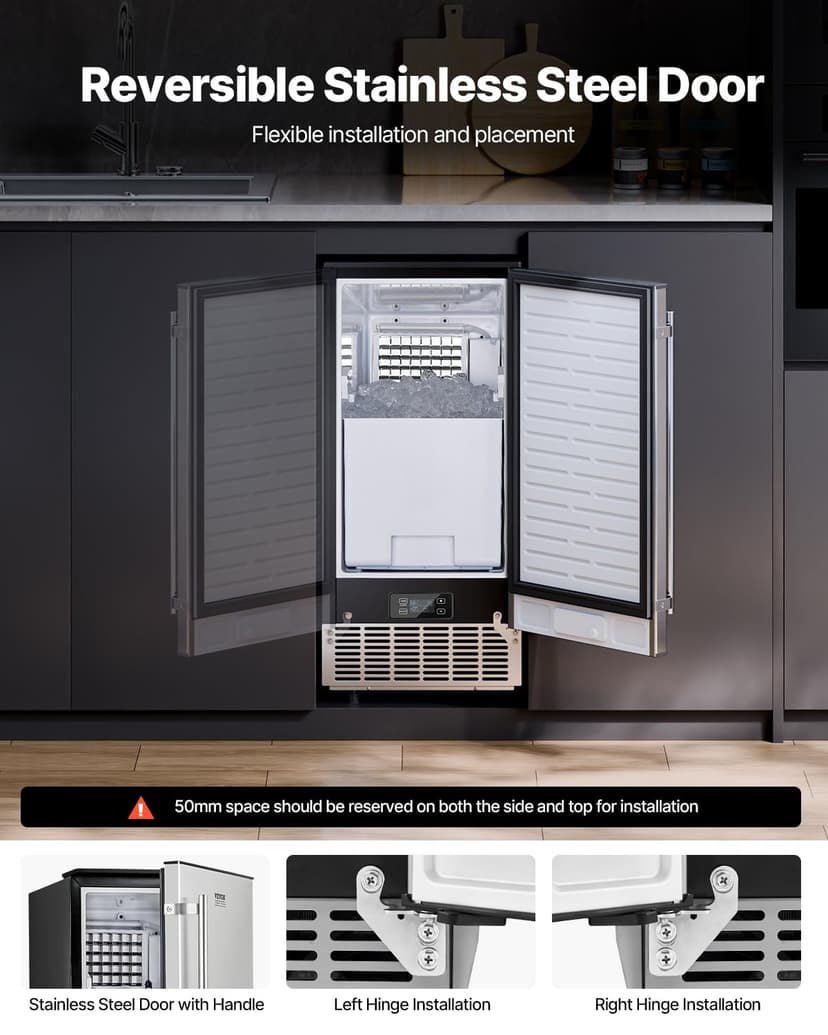 VEVOR Under Counter Ice Maker, 80 Lbs/Day Stainless Steel Built-in Ice Makers Machine with Drain Pump Reversible Door, 26lbs Storage Freestanding Ice Maker for Commercial Home Kitchen