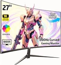 ZZA 27 Inch Curved Gaming Monitor 200Hz, Full HD 1080P VA Panel Computer Monitor, 1ms Response Time, FreeSync, HDMI & DP Port, HDR, Frameless, VESA Mountable