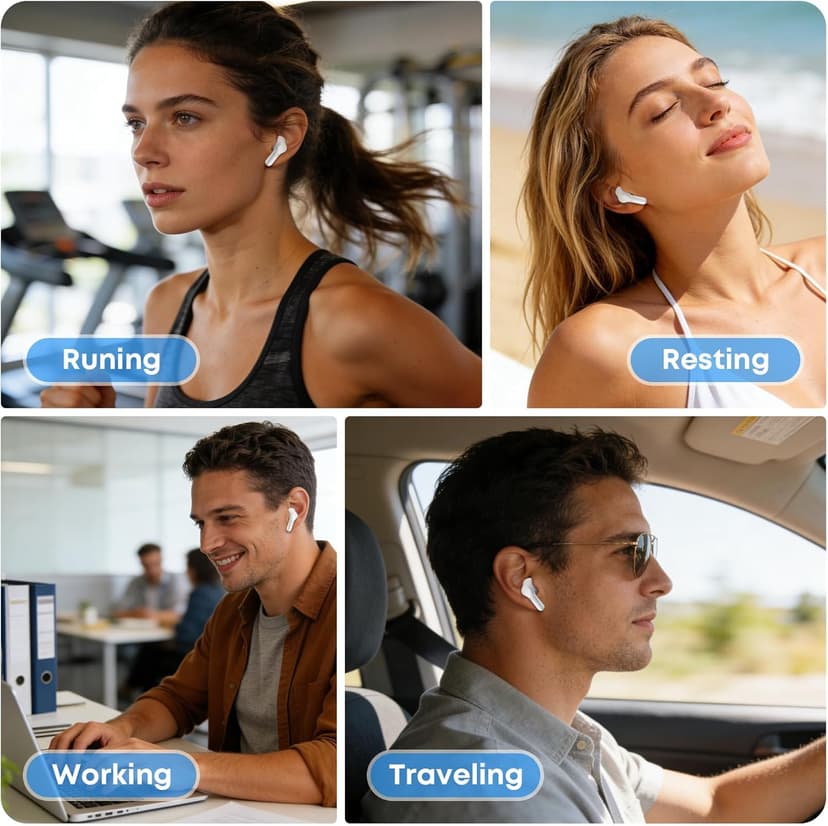 Fhumsh Wireless Earbuds, Bluetooth 5.4 HiFi Stereo Headphones with Noise Cancelling Mic, 50H Playback in Ear Buds with LED Digital Display, IPX7 Waterproof Earphones for Office/Running/Workout White