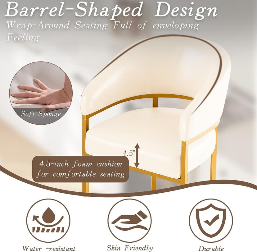 Modern Counter Height Bar Stools,Bar Stools Set of 3,PU Leather Upholstered Barrel Barstools with Backs,26" Kitchen Island Chairs,Metal Gold Frames,Beige White Leather