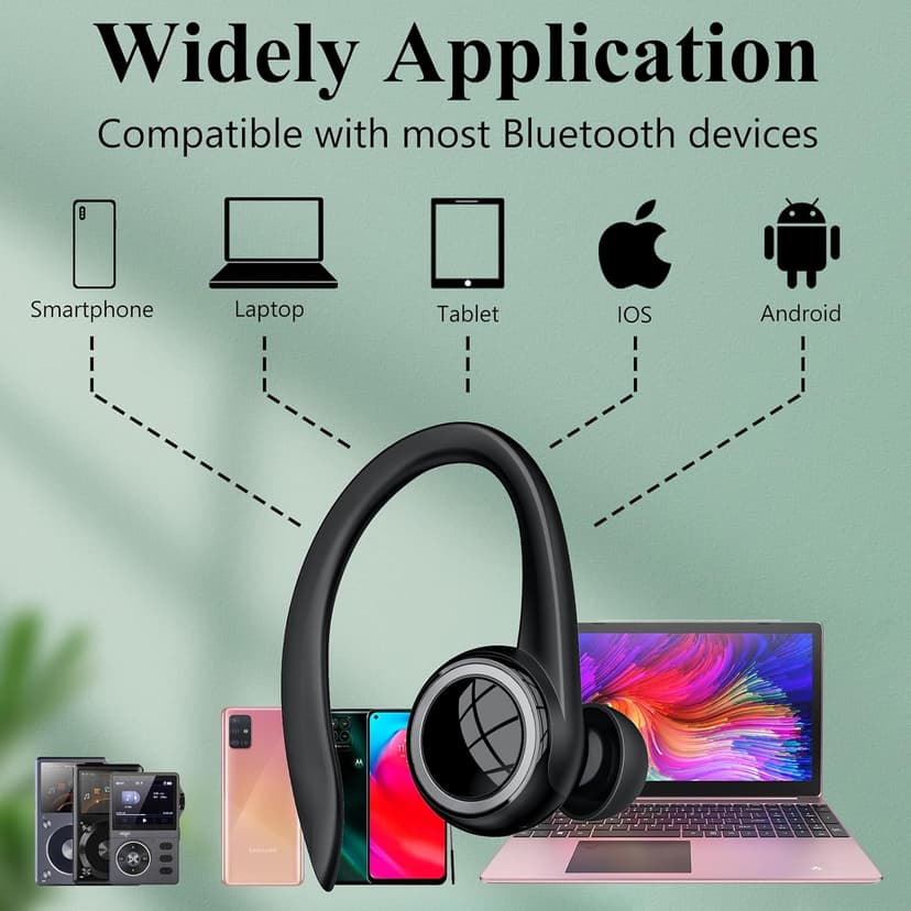Bluetooth 5.2 Headset, Single Ear Earpiece Earphone with Mic, Hook, Noise Cancelling Headset for Business, Trucker, Driver, Wireless Bone Conduction Headphone with Ear Caps (S/M/L) for iPhone Android