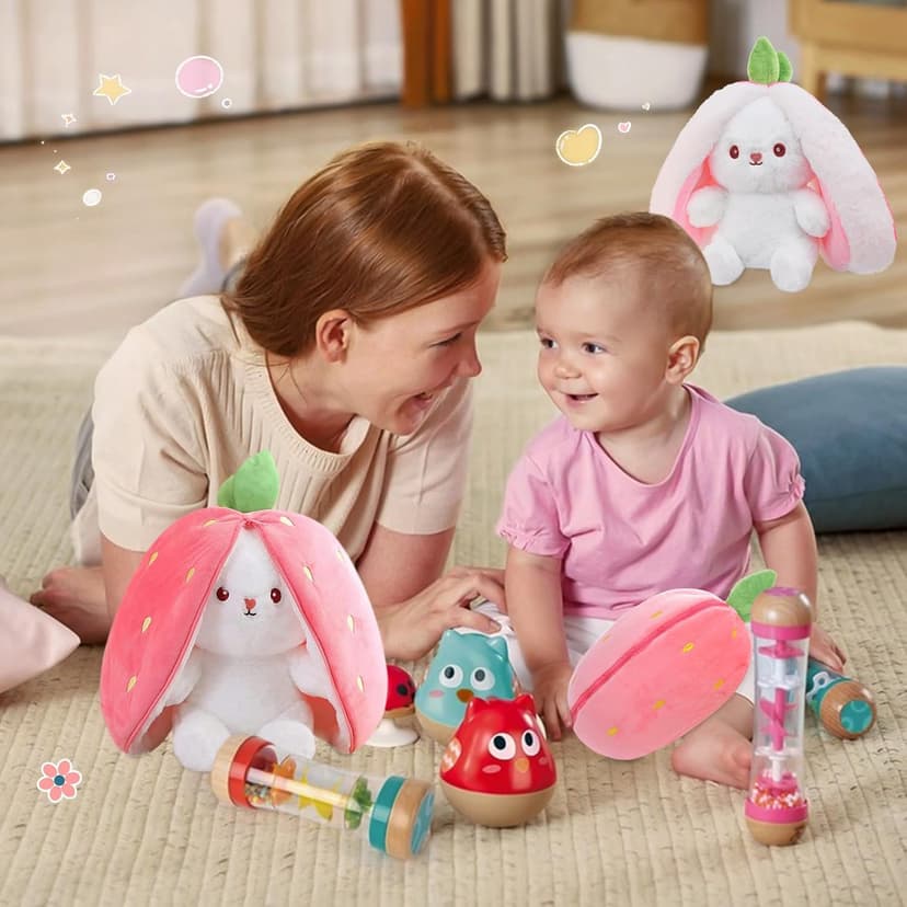 MIAODAM Bunny Stuffed Animal Reversible Cuddle Bunny Stuffed,Strawberry Bunny Transformed Rabbit Plush Zipper,Turns Into Ears Bunnies Plushies Toy Cute Stuffy Doll Easter
