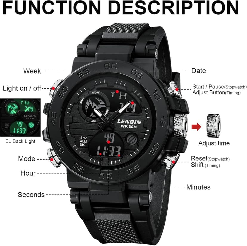 LN LENQIN Mens Watches Digital Military Watch for Men Stopwatch Army Survival Tactical Sports Outdoor Big Face Waterproof Men's Wrist Watches with LED Backlight/Timer/Alarm/Date