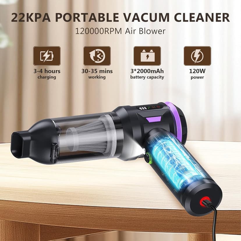 22000PA High Power Cordless Handheld Vacuum & Car Vacuum Cleaner, 4-in-1 Air Duster & Inflator with Brushless Motor, USB-C Charging, LED Light, for Home, Car, Pet, Black Purple