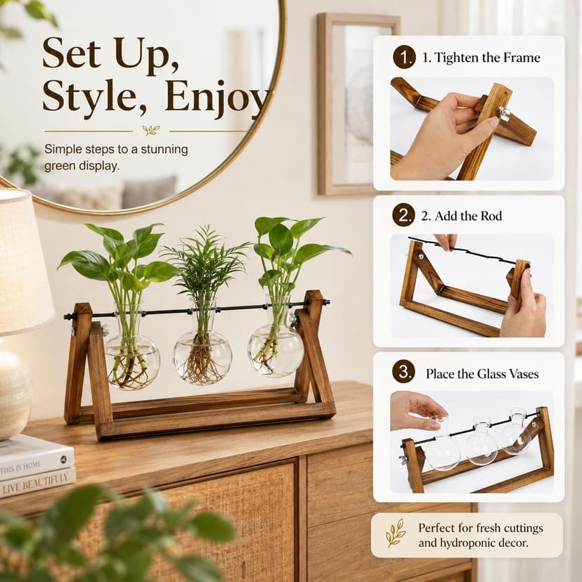 Unique Gardening Birthday Gifts for Women Plants Lovers, Home Office Garden Decor Planter - 3 Bulb Glass Vases Renmxj Plant Propagation Station, Plant Terrarium with Wooden Stand B096VDR4TM