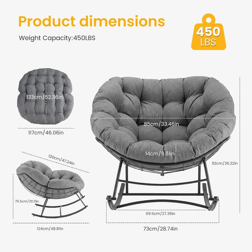 Outdoor Rocking Chair with 5.5" Thick Cushion, Oversized Egg Lounge Chair with Water-Repellent & UV-Resistant Fabric, 450 Lbs Heavy Duty for Patio, Living Room, Garden, Bedroom
