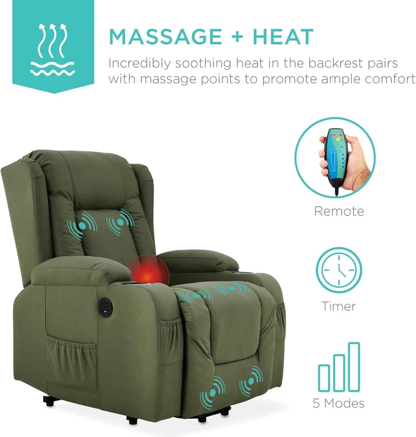 Best Choice Products PU Leather Electric Power Lift Chair, Recliner Massage Chair, Adjustable Furniture for Back, Legs w/ 3 Positions, USB Port, Heat, Cupholders, Easy-to-Reach Side Button - Olive