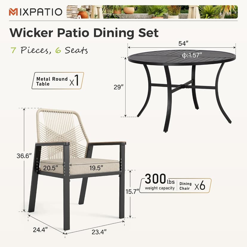 MIXPATIO 7 Pieces Round Outdoor Dining Set for 6, Patio Dining Set Wicker Rattan Chairs with Soft Cushion and 54" Round Table with Umbrella Hole, Round Patio Table and Chairs for Backyard Porch