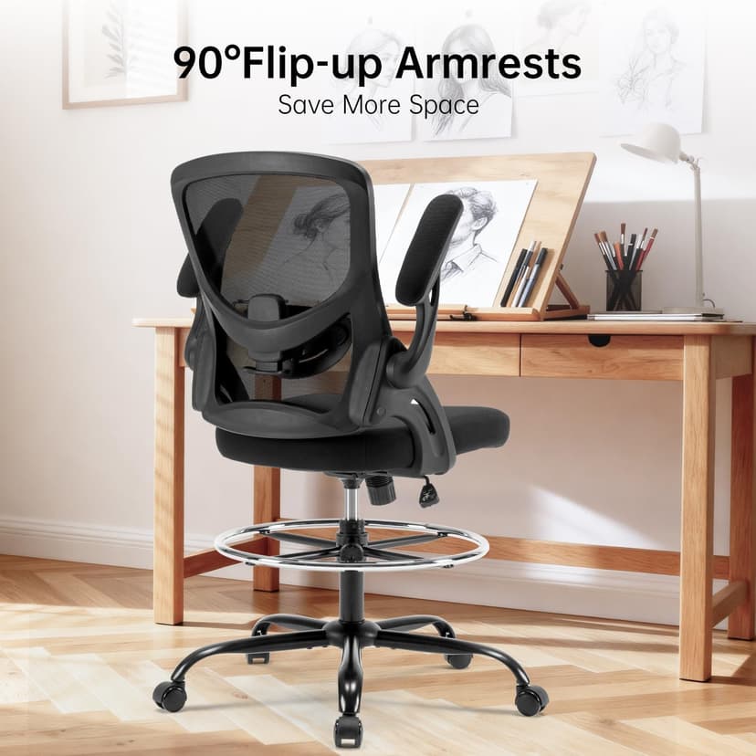 Drafting Chair Ergonomic Comuputer Standing Desk Chair with Flip-Up Arms and Lumbar Support, Tall Office Chair with Adjustable Footrest, Stool Counter Height Office Chairs Black