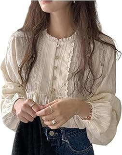 UICIOP Korean Version of Women's Shirt, Women's Sweet Round Neck Pleated Small lace top, Women's Long Sleeved Shirt top