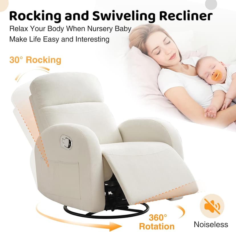 Rocking Recliner Nursery Chair, Swivel Recliner Glider for Nursery with 2 Pockets, Reclining Rocking Chair, Manual Recliners for Living Room, Bedroom, Cream White Chenille