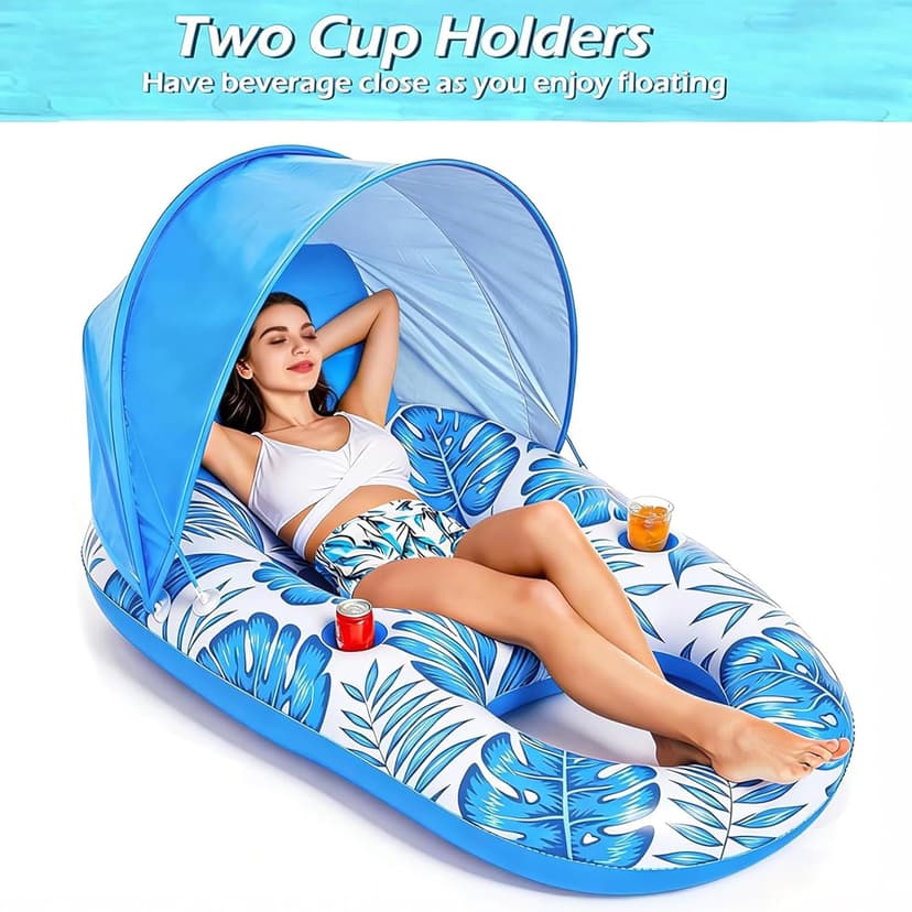 Jasonwell Pool Float with Canopy - Inflatable Pool Floaties Adult Lounger Floats Raft Floating Chair with Cup Holders for Swimming Pool Lake Water Lounge Float Beach Pool Party Toys for Adults
