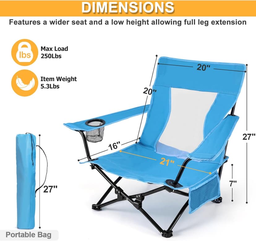 Joyfair Beach Camping Chair (2 Pack), Outdoor Folding Lawn Chair for Adult, Heavy Duty Portable Chair with Armrest for Outside Fishing, Sport, Cup Holder & Storage Pocket, Carry Bag (Blue, Classic)