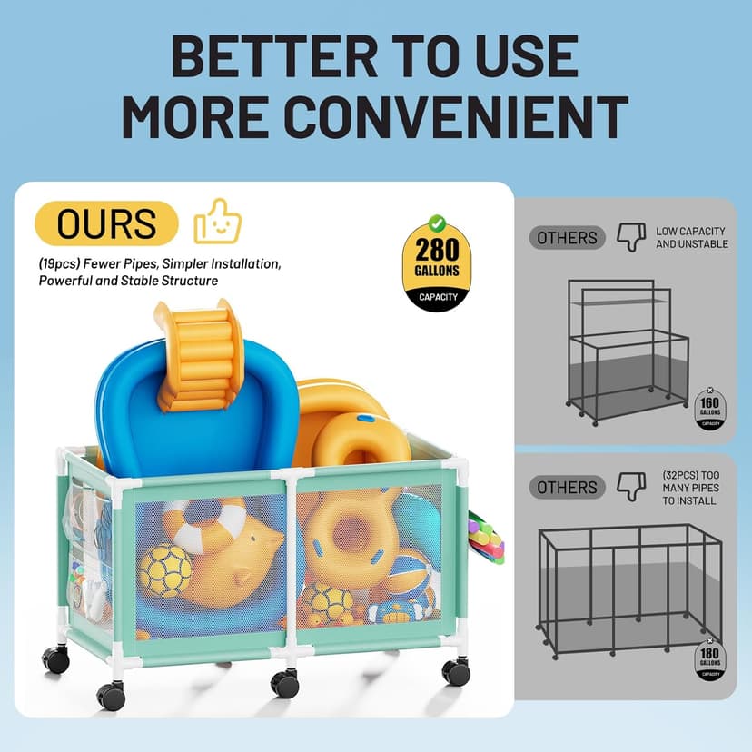 280 Gallon 69" Pool Storage Bin XXL Extra Large Swimming Pool Float Storage Bin, Pool Noodles Holder, Toys, Floats, Balls and Floats Equipment Mesh Rolling Bin for Garden Lawn, 69" Lx32 Wx35 H