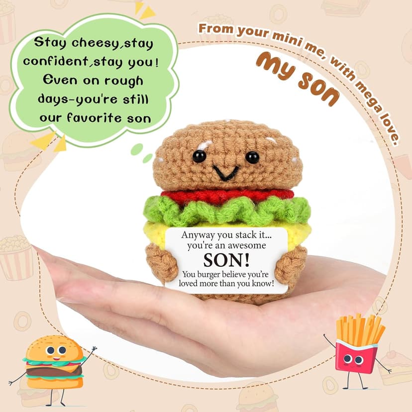 Mini Birthday Gift for Son from Dad Mom Handmade Crochet Burger for New Dad Son-in-Law Adult Sons New Father Christmas Basket Idea from Parents to Sons from Mother Father