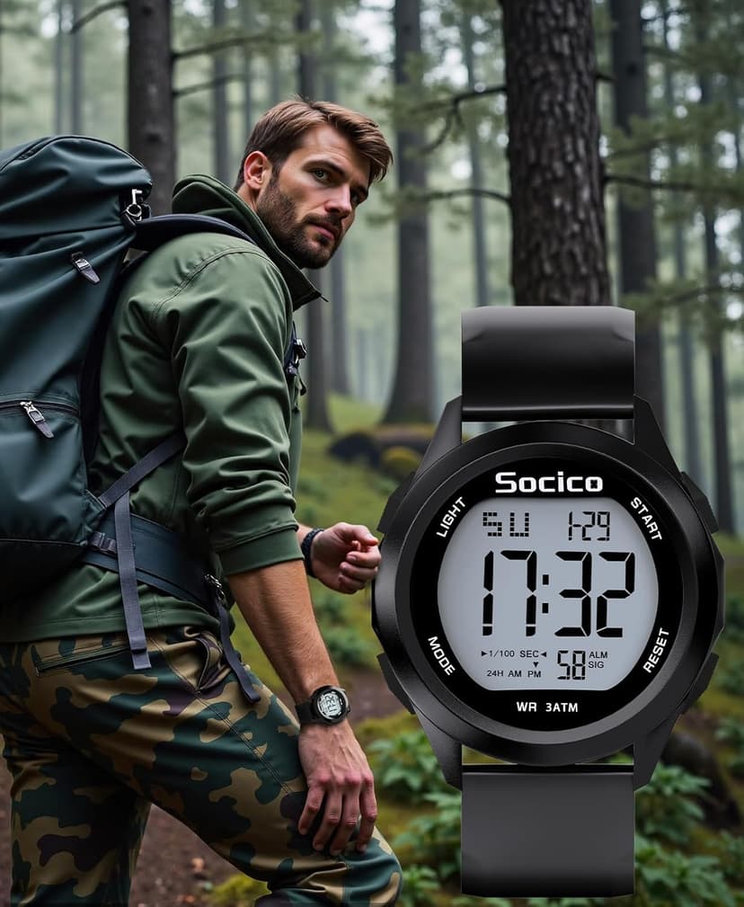 SOCICO Mens Digital Watch Sports Waterproof Outdoor Large Face Military Watches with Stopwatch Back Light Alarm Date Display