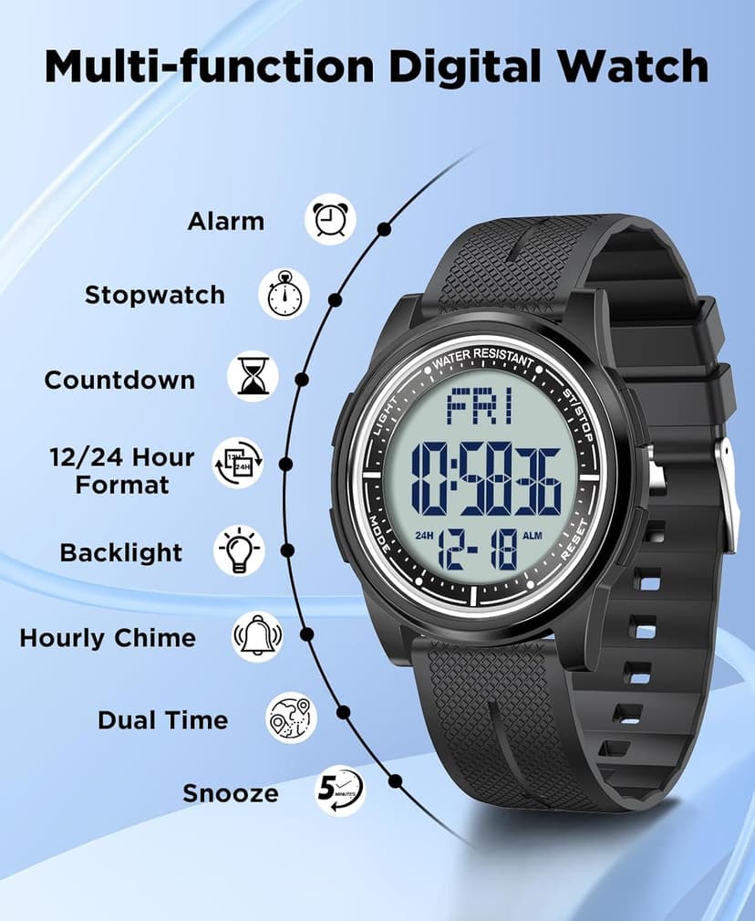 Beeasy Digital Watch Waterproof with Stopwatch Alarm Countdown Dual Time, Ultra-Thin Super Wide-Angle Display Digital Wrist Watches for Men Women