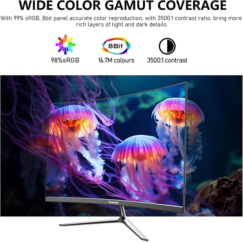 Gawfolk 24.5 Inch Gaming Curved Monitor Built-in Speakers, 3000R 120Hz PC Screen Full HD 1080P, HDMI 2.0, VGA, Wall Mount Compatible 75 * 75mm