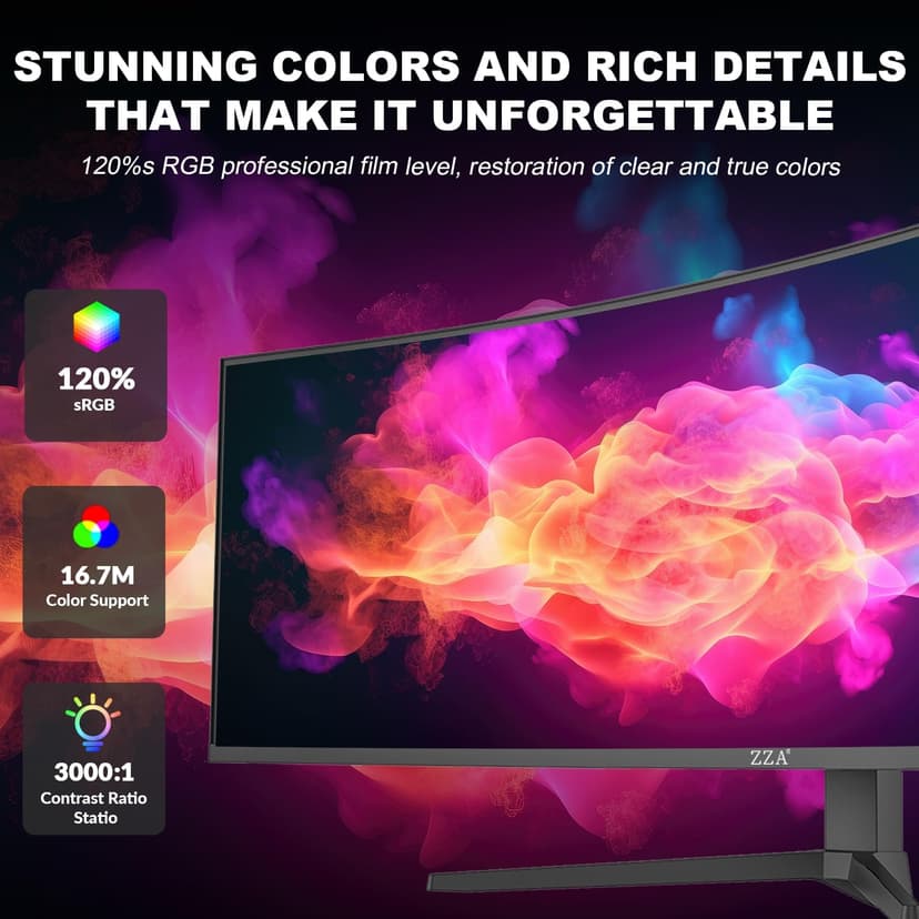 ZZA 49" Curved Gaming Monitor | 5120x1440 Dual QHD, 165Hz/144Hz, 1500R, 32:9 Ultra-Wide, AMD FreeSync, 120% sRGB, Height Adjustable, HDMI 2.1 & DisplayPort 1.4, VESA Mount, Black