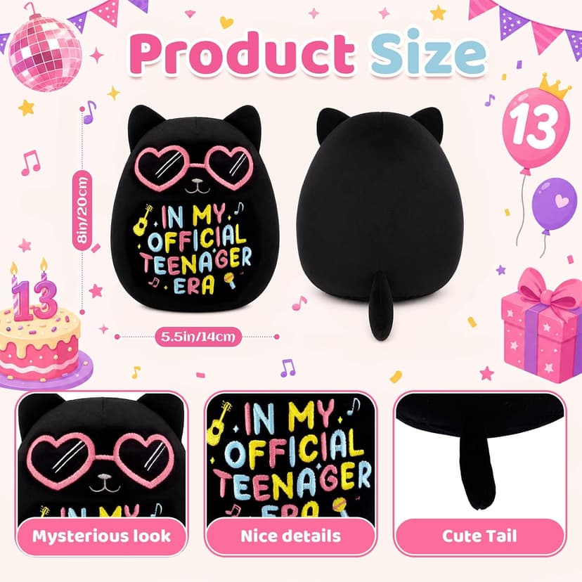 In My Official Teenager Era Gifts, 8" Soft Cute Plushie for Teens Birthday Party Decor 13 Year Old Girl Gifts, Black Cat Birthday Stuffed Animal B0GYX9123J
