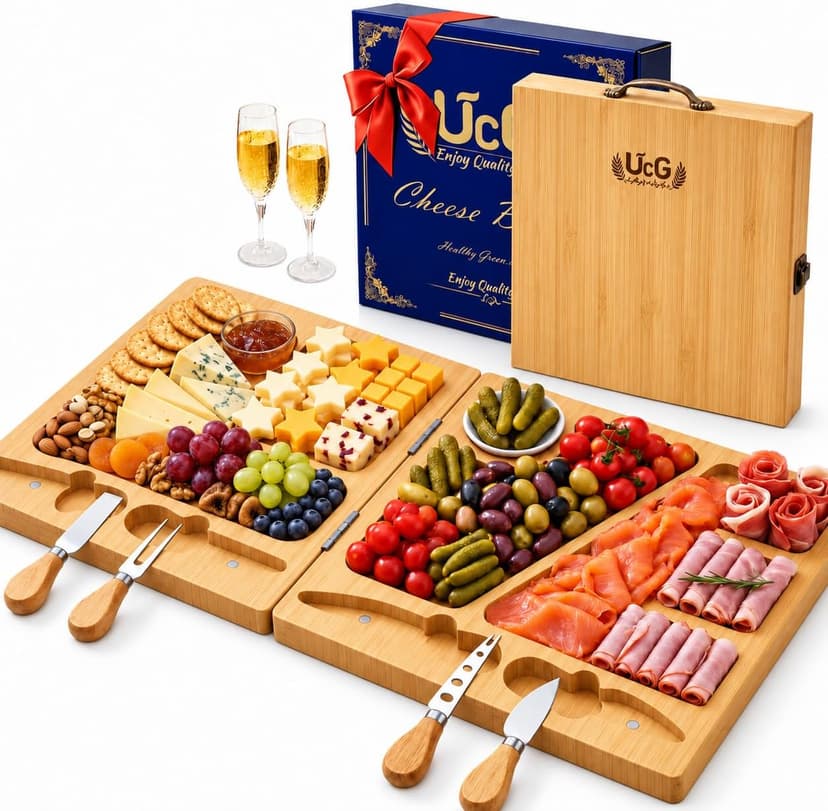 Charcuterie Board Gifts for Women: Bamboo Folding Cheese Board with Knife Set - Unique White Elephant Gift, Birthday Party House Warming Gift for Housewife