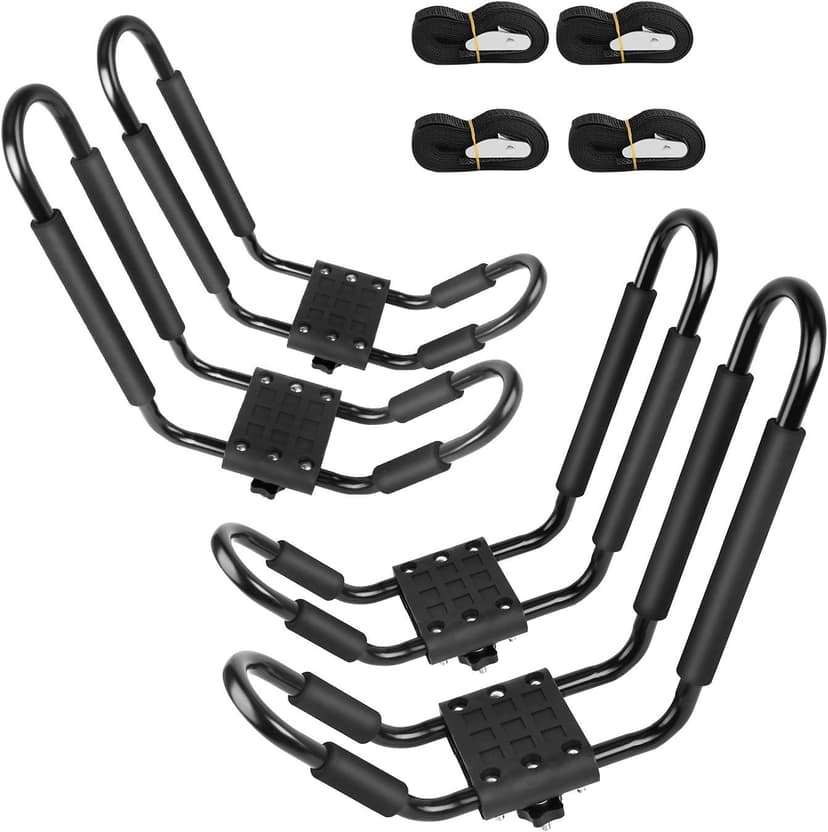 Leader Accessories Kayak Rack 2 Pair J Bar for Canoe Surf Board SUP On Roof Top Mount Crossbar with 4 pcs Tie Down Straps