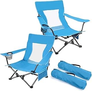 Joyfair Beach Camping Chair (2 Pack), Outdoor Folding Lawn Chair for Adult, Heavy Duty Portable Chair with Armrest for Outside Fishing, Sport, Cup Holder & Storage Pocket, Carry Bag (Blue, Classic)