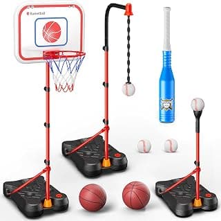 Adjustable basket ball Stand,Hanging Tee Baseball for Toddlers Boys Ages 2 3 4 5 6 7 8 Years Old, Outdoor Indoor Toys Gifts HopeRock 2 in 1 Kids Basketball Hoop and T Ball Set B0D53VWQGP