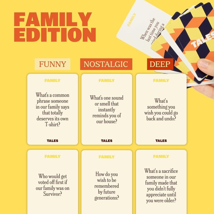 TALES 150 Conversation Cards, Family Edition, Perfect for Family Games for Adults, Teens, and Kids, Family Dinners, Game Nights, Gifts, Holidays, and Gatherings, Prompts for Meaningful Connections