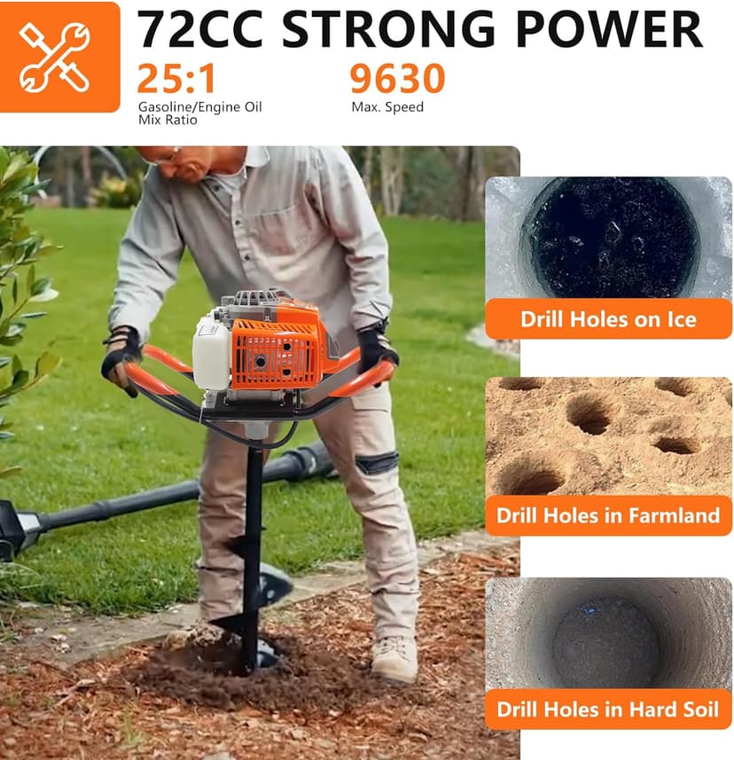 72CC Auger Post Hole Digger, 2 Stroke Gas Powered Earth Post Hole Digger with 2 Auger Drill Bits(6" & 8") + 1 Extension Rods for Farm Garden Plant, Orange (72CC)