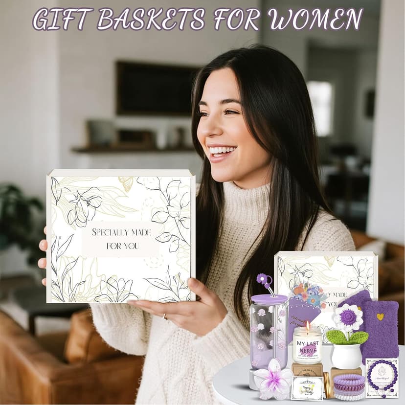 Birthday Gifts for Women Teen Girls, Unique Happy Birthday Gift Baskets for Her Mom, Thank You Self Care Get Well Box Set, Cute Teenage Cup Present for Mother Friend Sister Teacher Coworker (Purple) B0FRSG6VRQ