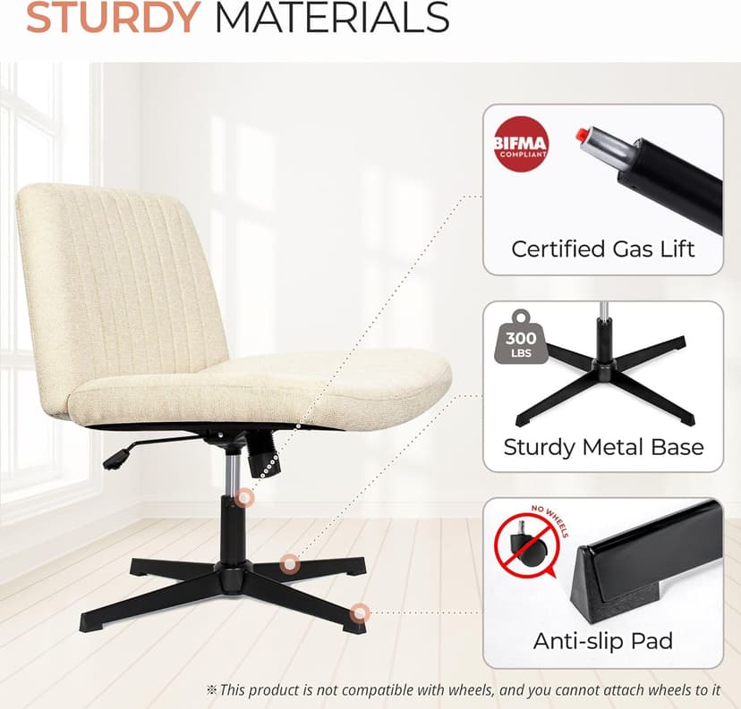 Orange Factory Criss Cross Chair No Wheel Wide Cross Legged Office Desk Vanity Chair Comfy Fabric Armless Adjustable Swivel for Home Computer Task (Beige No Wheel, Classic Fabric)