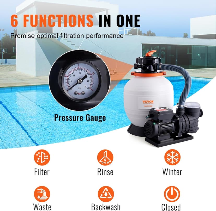 VEVOR 14-inch Sand Filter Pump for Above Ground, Digital Programmer Timer, 3000 GPH, 3/4 HP Pool Pumps System & Filters Combo Set with 6-Way Multi-Port Valve & Strainer Basket, Easy Installation