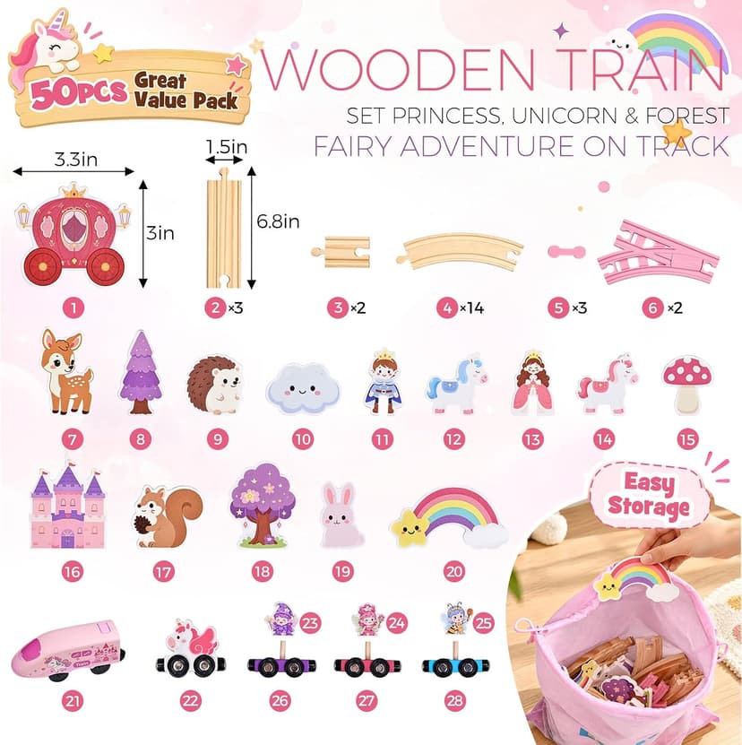 Pink Train Track Set Fairy Theme with Multiple Layouts, Birthday Gift Toys for Girls 3 4 5 6 Year Old Wooden Train Set Electric, 50 PCS Unicorn Princess Wood Track for Girls B0HDSGBW7S